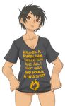  1girl black_hair breasts brown_eyes clothes_writing commentary dark_souls earrings highres jason_robinson jewelry lips naked_shirt shirt short_hair solo souls_(from_software) t-shirt 
