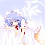  1girl alternate_wings blue_eyes blue_hair dress hair_ribbon half-closed_eyes lying mai_(touhou) naughty_face on_bed on_stomach ponytail puffy_short_sleeves puffy_sleeves ribbon short_hair short_sleeves smile solo touhou touhou_(pc-98) tsunogiri wings 