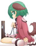  1girl animal_ears chain collar commentary_request dress green_eyes green_hair highres jagabutter kasodani_kyouko long_sleeves looking_at_viewer pink_dress sitting smile solo tail touhou wariza 