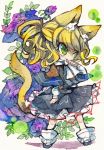  1girl animal_ears blush cat_ears cat_tail flower green_eyes highres japanese_clothes kusuke mizuhashi_parsee scarf solo tail touhou traditional_media watercolor_(medium) 