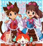  1boy 1girl amano_keita animal_ears bell bow brown_hair brown_legwear cat cat_ears closed_eyes crossdressinging dated drooling fangs hair_bow heart high_ponytail jibanyan jingle_bell kemonomimi_mode kodama_fumika long_hair looking_at_viewer multiple_tails notched_ear open_mouth paw_pose polka_dot short_hair smile tail thigh-highs thought_bubble translation_request two_tails unmoving_pattern yamaki_suzume youkai youkai_watch 