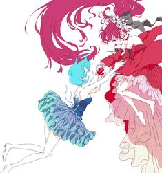  2girls apple bare_legs barefoot dress flower food fruit hair_flower hair_ornament long_hair mahou_shoujo_madoka_magica miki_sayaka multiple_girls p_s sakura_kyouko short_hair tutu 