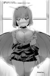  1girl antennae blush breasts butterfly_wings cleavage danbo_(rock_clime) dress_shirt highres large_breasts looking_at_viewer monochrome off_shoulder original shirt short_hair skirt smile solo translation_request window wings 