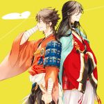  2boys back-to-back black_hair brown_hair handwraps izumi-no-kami_kanesada japanese_clothes multiple_boys mutsu-no-kami_yoshiyuki ponytail sode toufu_(otoufu_turb) touken_ranbu 