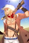  1boy abs antique_firearm bandana bandolier bird blonde_hair blue_eyes blunderbuss desert duster earrings firearm gun jewelry lens_flare long_hair muscle open_clothes open_shirt saibai_shounen shirt sky smile sun sunglasses sunlight suspenders weapon 