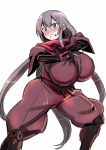  1girl 774_(nanashi) blush breasts clenched_teeth dragon_yukano grey_eyes grey_hair huge_breasts japanese_clothes long_hair ninja ninja_slayer scarf solo tri_tails very_long_hair 