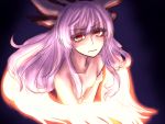  1girl aura black_background bow collarbone colored_eyelashes expressionless eyebrows_visible_through_hair flame fujiwara_no_mokou hair_bow holding_arm looking_at_viewer miata_(pixiv) nude purple_hair red_eyes reflective_eyes regeneration sketch small_breasts solo touhou 