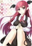  :o armband bat_wings blush breasts butterfly checkered checkered_background commentary_request demon_tail hands_together head_tilt head_wings interlocked_fingers juliet_sleeves koakuma large_breasts long_hair long_sleeves looking_at_viewer necktie payot pointy_ears puffy_sleeves red_eyes redhead sitting skirt skirt_set tail touhou vest wings ytyrytyr 