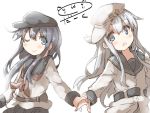  2girls ;) akatsuki_(kantai_collection) anchor_symbol black_hair black_skirt blue_eyes darkside flat_cap hammer_and_sickle hat hibiki_(kantai_collection) holding_hands kantai_collection long_hair long_sleeves multiple_girls neckerchief one_eye_closed pleated_skirt remodel_(kantai_collection) school_uniform serafuku silver_hair simple_background skirt smile verniy_(kantai_collection) white_background 