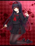  1girl asazuki_kanai blood blood_splatter checkered checkered_background hairband long_hair looking_at_viewer pantyhose penknife red_eyes ribbon school_uniform serafuku smile solo touran-sai 