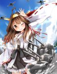  1girl ahoge airplane armpits blue_sky blush brown_hair cannon clouds detached_sleeves fisheye frilled_skirt frills glint grin hand_on_hip hand_on_own_head headdress highres kantai_collection kongou_(kantai_collection) long_hair looking_at_viewer nontraditional_miko one_eye_closed ribbon-trimmed_sleeves ribbon_trim skirt sky smile solo tobi_(nekomata_homara) water yellow_eyes 