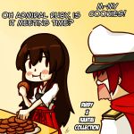  2girls akagi_(kantai_collection) brown_hair cape cookie crossover eating english female_admiral_(kantai_collection)_(cosplay) food hat japanese_clothes kantai_collection long_hair military military_uniform multiple_girls naval_uniform redhead ruby_rose rukotaro rwby short_hair uniform 