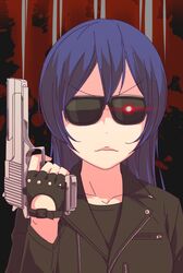  ayasaka blue_hair desert_eagle fingerless_gloves gloves glowing glowing_eye gun handgun love_live!_school_idol_project parody pistol sonoda_umi sunglasses terminator weapon 