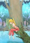  barefoot blonde_hair earrings highres jewelry nature pants pointy_ears ponytail purim sawaragi_(swrgymg) seiken_densetsu seiken_densetsu_2 tree water 