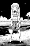  1girl airplane barefoot blurry depth_of_field full_body goggles hade_na_kangofu highres long_hair looking_at_viewer monochrome open_mouth sky smoke smokestack solo standing watch watch 