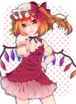  +_+ 1girl adapted_costume ascot blonde_hair contrapposto fingernails flandre_scarlet hand_on_hip hat hat_ribbon mob_cap open_mouth outline pointing pointing_at_viewer polka_dot polka_dot_background red_eyes renka_(sutegoma25) ribbon shadow short_hair short_sleeves side_ponytail simple_background skirt skirt_set solo touhou wings wrist_cuffs 