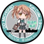  1girl 2015 :&lt; artist_request ascot backpack bag black_legwear blonde_hair cannon character_name chestnut_mouth dated double_bun facing_viewer full_body hair_bun imperial_japanese_navy kantai_collection looking_at_viewer michishio_(destroyer) michishio_(kantai_collection) pleated_skirt randoseru school_uniform serafuku ship short_hair short_twintails skirt smile solo standing suspenders translation_request triangle_mouth twintails twitter_username warship weapon yellow_eyes 