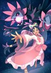  &gt;:d 1girl :d bangs bow crown dress glowing hair_ornament highres hydreigon iris_(pokemon) kinshi long_hair open_mouth outstretched_hand pink_dress pokemon pokemon_(creature) pokemon_(game) pokemon_bw ponytail purple_hair red_eyes ribbon smile 