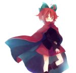  1girl ahoge boots bow cape daizu_(melon-lemon) hair_bow long_sleeves looking_at_viewer red_eyes redhead sekibanki shirt simple_background skirt solo touhou white_background 