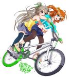  2girls ahoge arms_around_waist bare_shoulders blue_eyes bmx brown_eyes hair_ribbon highres kousaka_honoka long_hair love_live!_school_idol_project minami_kotori multiple_girls one_side_up orange_hair pantyhose ribbon scared short_hair shorts silver_hair skirt sweeter_(h110111) thigh-highs 