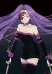  1girl bare_shoulders black_dress black_legwear blindfold breasts broken_mask chain collar collarbone dagger detached_sleeves dress dual_wielding facial_mark fate/stay_night fate_(series) forehead_mark highres long_hair looking_at_viewer mask parted_lips purple_hair rider skyfish_(naturalhoarder) solo standing strapless_dress thigh-highs very_long_hair violet_eyes weapon zettai_ryouiki 