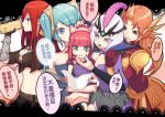  5girls alcohol anger_vein animal_ears annie_hastur aqua_hair armor beancurd beer beer_can blue_eyes breasts brown_eyes brown_hair cat_ears cheek_squash chinese cleavage drinking emilia_leblanc feathers gloves green_eyes hairband headdress hug hug_from_behind katarina_du_couteau league_of_legends leona_(league_of_legends) midriff multiple_girls nail_polish navel redhead scar scar_across_eye sona_buvelle sweatdrop tongue tongue_out translated twintails violet_eyes white_hair 