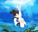  1girl :i abe_kanari black_ribbon brown_hair closed_mouth commentary green_eyes hair_ribbon holding_breath kantai_collection neckerchief ponytail ribbon school_swimsuit school_uniform serafuku shikinami_(kantai_collection) short_hair short_sleeves solo swimsuit swimsuit_under_clothes underwater water white_legwear 