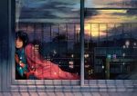  1girl bangs bird black_hair blanket bookshelf brown_eyes city_lights crying crying_with_eyes_open cup curtains gemi highres looking_at_viewer mug original pajamas picture_frame power_lines reflection shadow shelf short_hair sitting sky solo sunrise table tagme tears window 