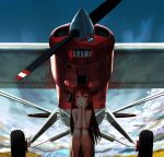  1girl airplane clouds hands_on_own_chin long_hair open_mouth original red_eyes redhead solo squatting throtem 