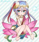  1girl anklet aqua_eyes armlet bangs barefoot between_legs blue_hair diagonal_stripes earrings flower hair_ornament hand_between_legs jewelry jitome lakshmi_(p&amp;d) lotus marshmallow_mille midriff necklace puzzle_&amp;_dragons solo striped striped_background twintails twitter_username water_droplets 
