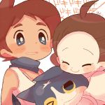  &gt;_o 1boy 1girl ahoge amano_yukiko_(youkai_watch) blue_cape blush brown_hair cape cat chiyoko_(oman1229) closed_eyes fuyunyan keizou one_eye_closed scar smile white_background youkai youkai_watch youkai_watch_2 