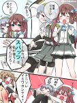  &gt;_&lt; 1boy 3girls ^_^ admiral_(kantai_collection) arm_warmers asagumo_(kantai_collection) blush brown_hair closed_eyes fang flying_sweatdrops grey_skirt hairband hitting kantai_collection long_hair michishio_(kantai_collection) mitsudoue multiple_girls nose_blush pleated_skirt short_sleeves silver_hair skirt suspenders sweat translation_request wavy_mouth yamagumo_(kantai_collection) 