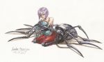  1girl arachne artist_name bare_shoulders dated dress elbow_gloves extra_eyes gloves hug insect_girl lady_marrigan monster_girl monster_musume_no_iru_nichijou rachnera_arachnera red_dress red_eyes short_hair silver_hair simple_background sitting solo spider spider_girl traditional_media watercolor_(medium) 