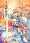  1girl absurdres ahoge armor braid dress fate/stay_night fate_(series) flag gauntlets green_eyes hair_bun hair_ribbon highres looking_at_viewer princess_ailish puffy_sleeves ribbon rising_sun saber sunburst sunrise sword traditional_media weapon 