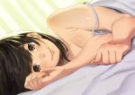  1girl ayase_totsuki bed breasts brown_eyes brown_hair cleavage face looking_at_viewer lying off_shoulder on_side original smile solo 