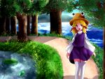  1girl blonde_hair frog grass hair_ribbon hat highres lake lily_pad long_sleeves looking_at_viewer moriya_suwako mountain open_mouth outdoors path payot red_eyes ribbon road sakipsakip short_hair skirt skirt_set solo thigh-highs touhou tree white_legwear wide_sleeves zettai_ryouiki 