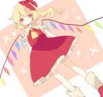  1girl ascot blonde_hair bow daizu_(melon-lemon) dress dutch_angle expressionless flandre_scarlet hair_bow highres red_eyes short_sleeves side_ponytail solo touhou wings 