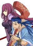  1boy 1girl aora bodysuit cape cu_chulainn_(fate/grand_order) fate/grand_order fate_(series) female lancer lancer_(fate/grand_order) long_hair male polearm ponytail purple_hair red_eyes spear staff very_long_hair weapon 