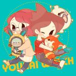  &gt;_&lt; &gt;_o 1boy 1girl animal_ears blue_background cat chiyoko_(oman1229) copyright_name ghost glasses helmet jibanyan misora_inaho multiple_tails notched_ear one_eye_closed open_mouth purple_lips rabbit_ears redhead short_hair smile spacesuit tail two_tails usapyon watch watch whisper_(youkai_watch) youkai youkai_watch youkai_watch_(object) youkai_watch_3 