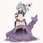  &gt;:d 1girl :d bangs belt blue_hair bracelet buttons green_eyes hair_ornament hand_on_hip highres jewelry kinshi muk open_mouth pointing pointing_up poke_ball pokemon pokemon_(creature) sailor_collar side_ponytail simple_background smile 