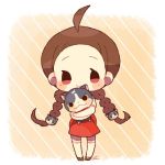  1girl :3 ahoge amano_yukiko_(youkai_watch) blush braid brown_hair cape cat chiyoko_(oman1229) full_body fuyunyan hair_ornament long_hair looking_at_viewer pigeon-toed red_cape scar smile standing twin_braids youkai youkai_watch youkai_watch_2 