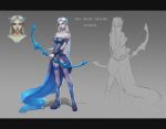  1girl avarosa_(league_of_legends) bare_shoulders blue_eyes bow_(weapon) breasts cjh123456 full_body highres league_of_legends long_hair silver_hair solo thigh-highs turnaround weapon 