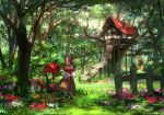  1girl braid brown_hair envelope forest long_hair mailbox nature original pointy_ears sasumata_jirou scenery smile solo stairs sunlight tree twin_braids wooden_fence 