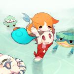  1boy amano_keita animal_on_head blurry blush brown_hair cat chiyoko_(oman1229) closed_eyes depth_of_field foreshortening ghost innertube jibanyan kappa multiple_tails nogappa open_mouth purple_lips shirt short_hair tail tied_shirt two_tails wading wakame-kun water whisper_(youkai_watch) youkai youkai_watch 