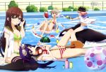  4girls absurdres bikini blue_eyes blue_hair breasts brown_hair character_request cleavage copyright_request food fruit green_eyes hat highres innertube long_hair megami mole multiple_girls one_eye_closed pink_hair pool poolside rubber_duck short_hair shovel striped striped_bikini striped_swimsuit swimsuit twintails very_long_hair violet_eyes water watermelon worktool 