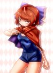  1girl alternate_costume argyle argyle_background arm_behind_back breasts cape hair_ribbon looking_at_viewer open_mouth red_eyes redhead ribbon saoshin_(2txp796za) sekibanki shadow short_hair shorts solo 