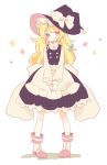  1girl :o blonde_hair bow braid daizu_(melon-lemon) dress drooling drowsy hands_together hat hat_bow highres kirisame_marisa long_hair long_sleeves pigeon-toed single_braid solo star touhou witch_hat yellow_eyes 