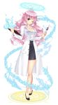  1girl ;) archangel_metatron_(p&amp;d) blue_eyes breasts cleavage clipboard formal highres labcoat loneteel long_hair magic_circle one_eye_closed pink_hair puzzle_&amp;_dragons simple_background smile solo syringe wavy_hair white_background 