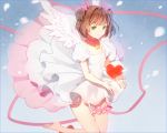  1girl barefoot brown_hair cardcaptor_sakura choker dress green_eyes hakusai_(tiahszld) heart kinomoto_sakura kneeling leg_garter petals see-through_silhouette short_hair smile solo two_side_up white_dress wings 