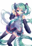  1girl absurdly_long_hair blue_eyes detached_sleeves green_hair hatsune_miku headset long_hair looking_at_viewer necktie rinndouk skirt solo thigh-highs twintails very_long_hair vocaloid white_background 